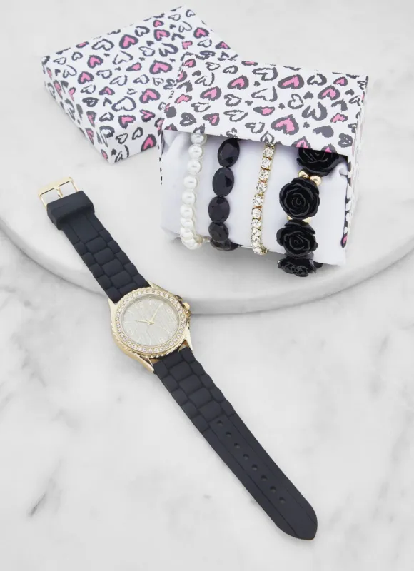 Rhinestone Trim Analog Watch and Beaded Stretch Bracelets sold by Rainbow