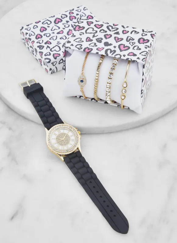 Rhinestone Glitter Analog Watch and Assorted Stretch Bracelets Set sold by Rainbow