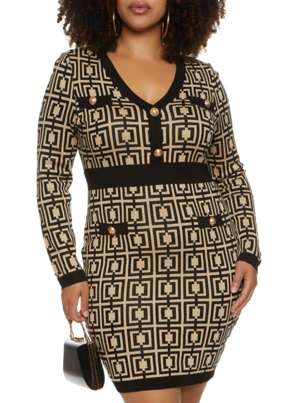 Plus Size Patterned Faux Button Sweater Dress sold by Rainbow