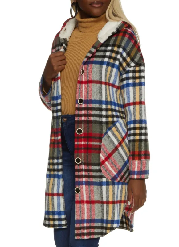 Plaid Sherpa Lined Hooded Shacket sold by Rainbow