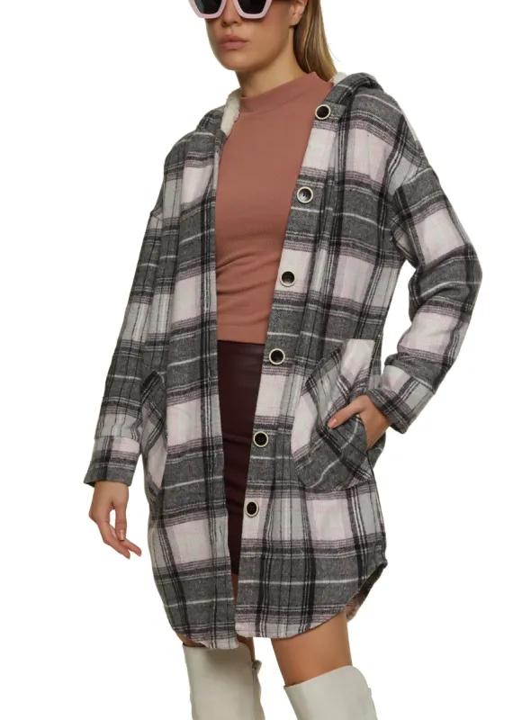 Plaid Sherpa Lined Hooded Shacket sold by Rainbow