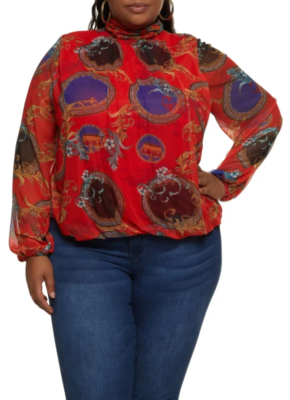 Plus Size Printed Mesh Mock Neck Puff Sleeve Blouse sold by Rainbow