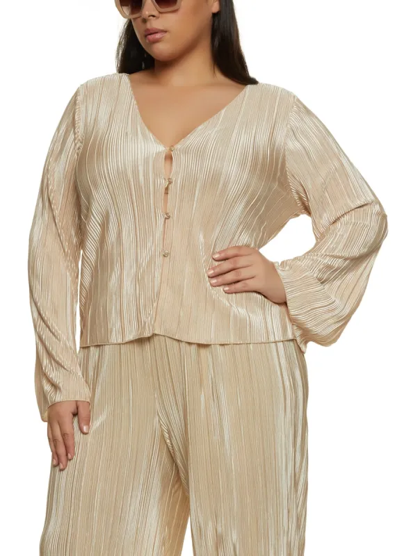 Plus Size Plisse Button Front Bell Sleeve Blouse sold by Rainbow
