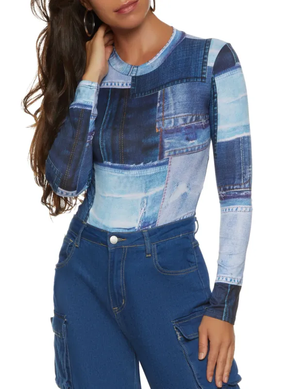 Patchwork Print Long Sleeve Bodysuit sold by Rainbow