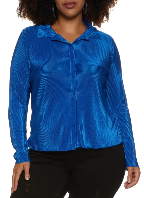 Plus Size Plisse Collared Button Front Shirt sold by Rainbow