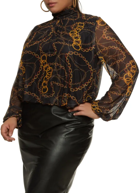 Plus Size Printed Mesh Mock Neck Puff Sleeve Blouse sold by Rainbow