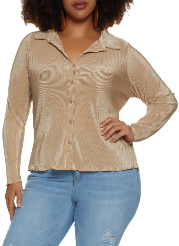 Plus Size Plisse Collared Button Front Shirt sold by Rainbow