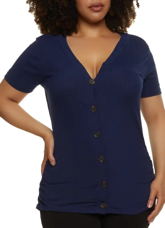Plus Size Ribbed Knit Short Sleeve Button Down Top sold by Rainbow
