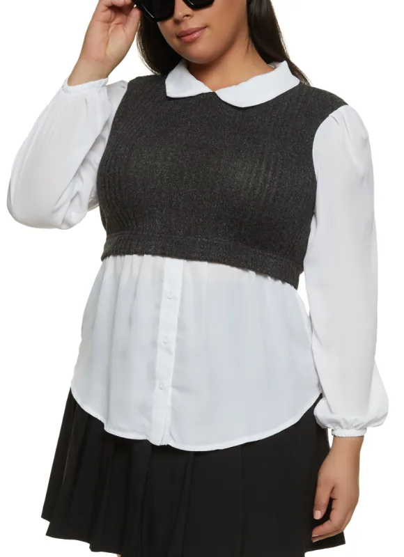 Plus Size Balloon Sleeve Sweater Vest Shirt sold by Rainbow