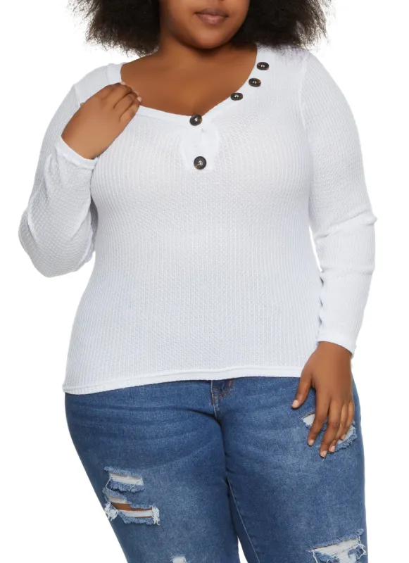 Plus Size Waffle Knit Faux Button Detail Henley Top sold by Rainbow