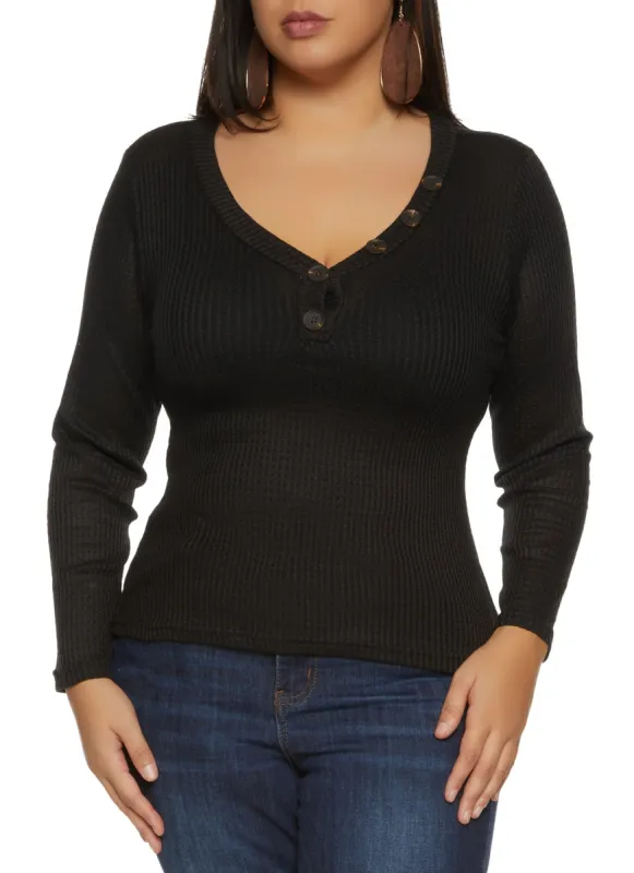 Plus Size Waffle Knit Faux Button Detail Henley Top sold by Rainbow