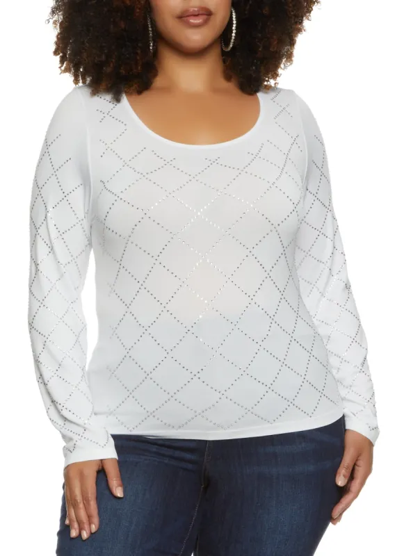 Plus Size Scoop Neck Rhinestone Printed T Shirt sold by Rainbow