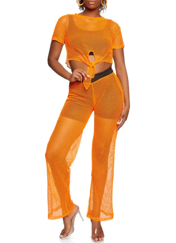 Fishnet Tie Front Crop Top and Pants Set sold by Rainbow