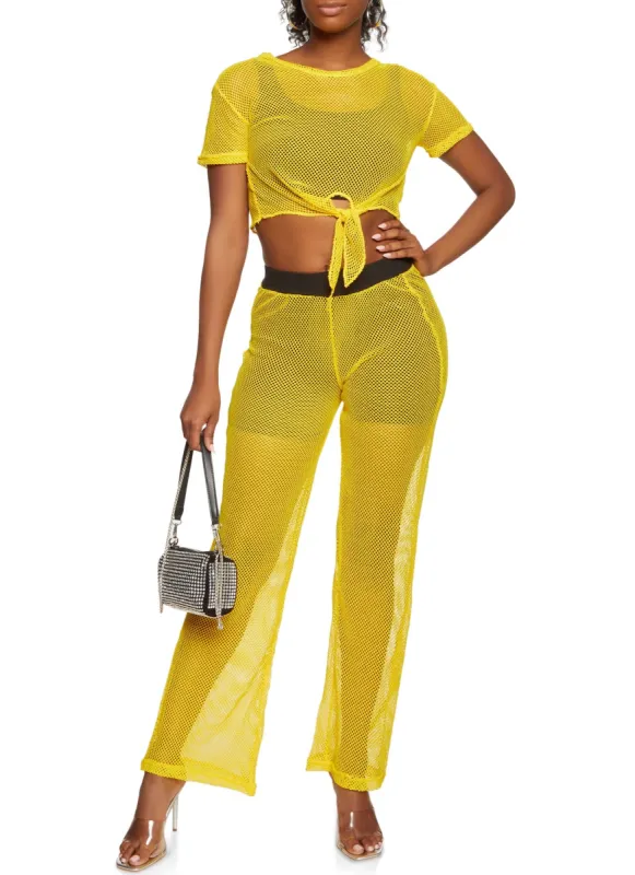 Fishnet Tie Front Crop Top and Pants Set sold by Rainbow