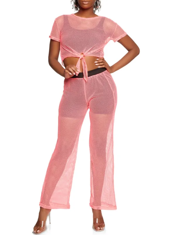Fishnet Tie Front Crop Top and Pants Set sold by Rainbow