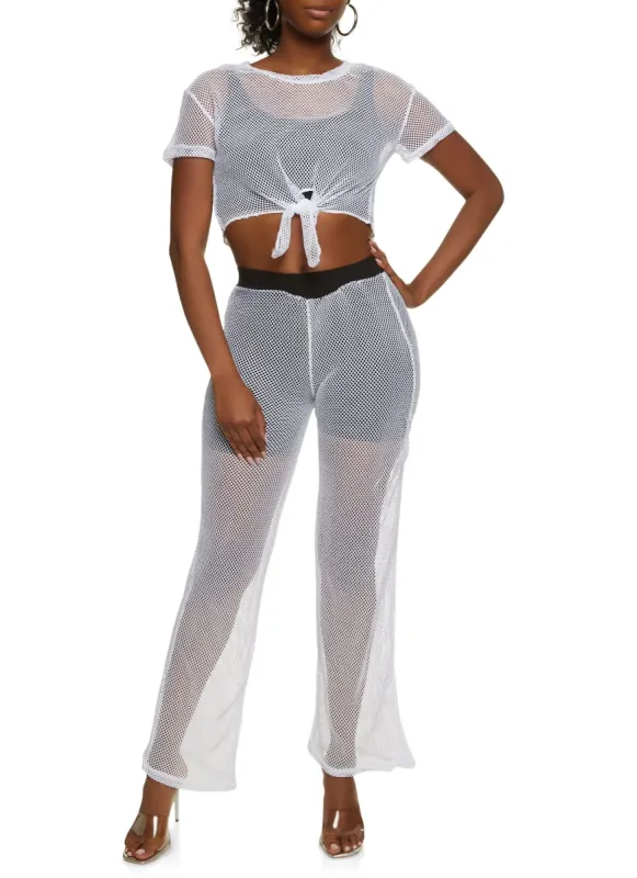 Fishnet Tie Front Crop Top and Pants Set sold by Rainbow