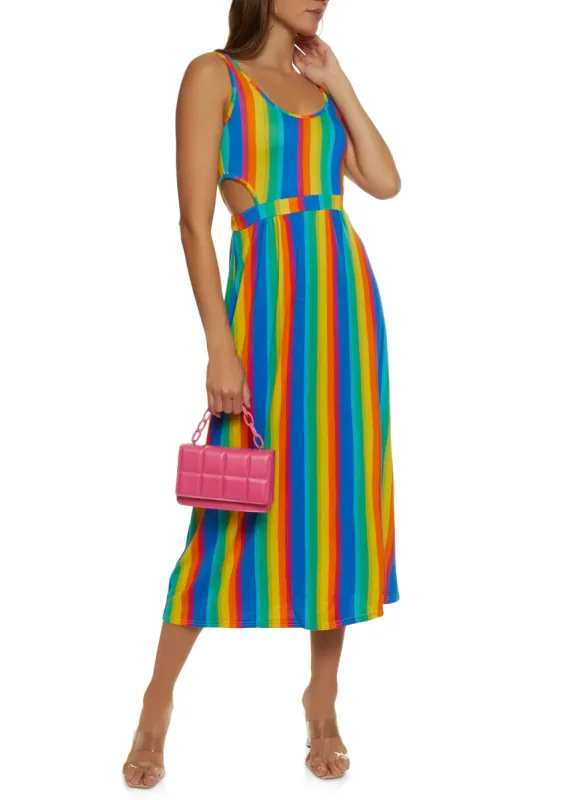 Rainbow Striped Cut Out Side Maxi Dress sold by Rainbow