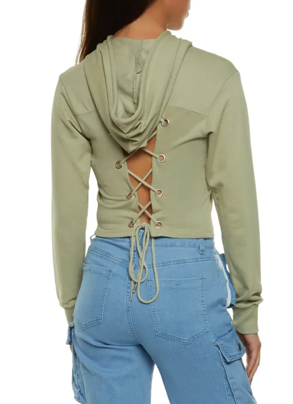 Lace Up Back Pullover Cropped Hoodie sold by Rainbow