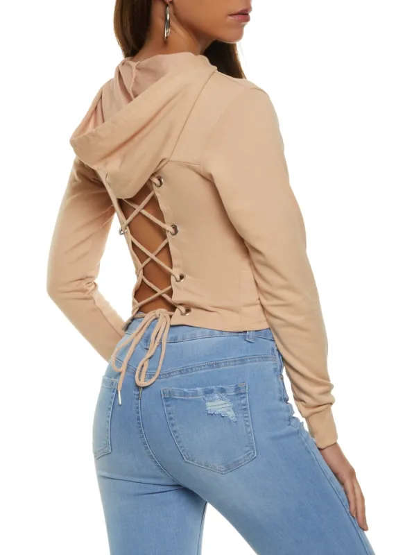 Lace Up Back Pullover Cropped Hoodie sold by Rainbow