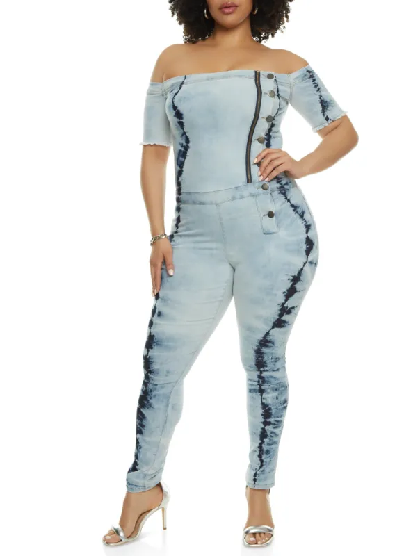 Plus Size VIP Denim Tie Dye Side Button Jumpsuit sold by Rainbow