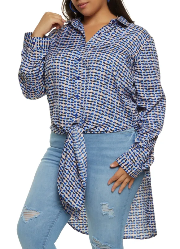 Plus Size Patterned Tie Front High Low Shirt sold by Rainbow