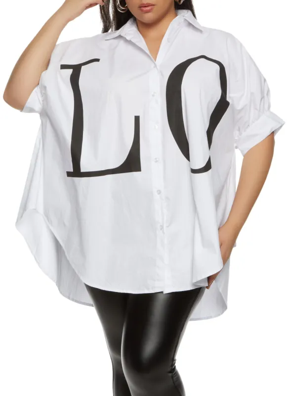 Plus Size Love Graphic Button Front Shirt sold by Rainbow
