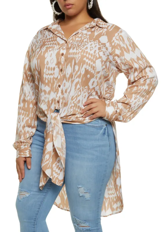 Plus Size Patterned Tie Front High Low Shirt sold by Rainbow
