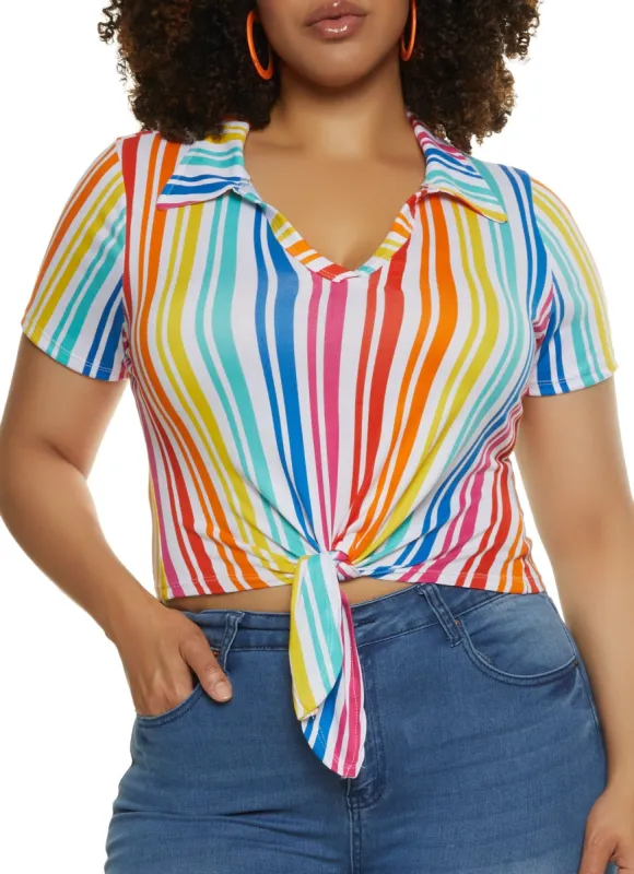 Plus Size Rainbow Striped Tie Front Crop Top sold by Rainbow
