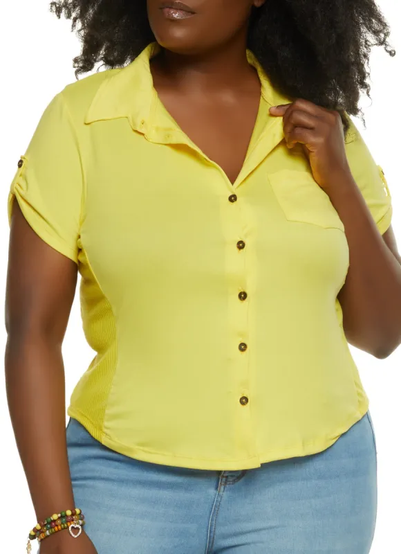 Plus Size Short Tabbed Sleeve Button Front Shirt sold by Rainbow
