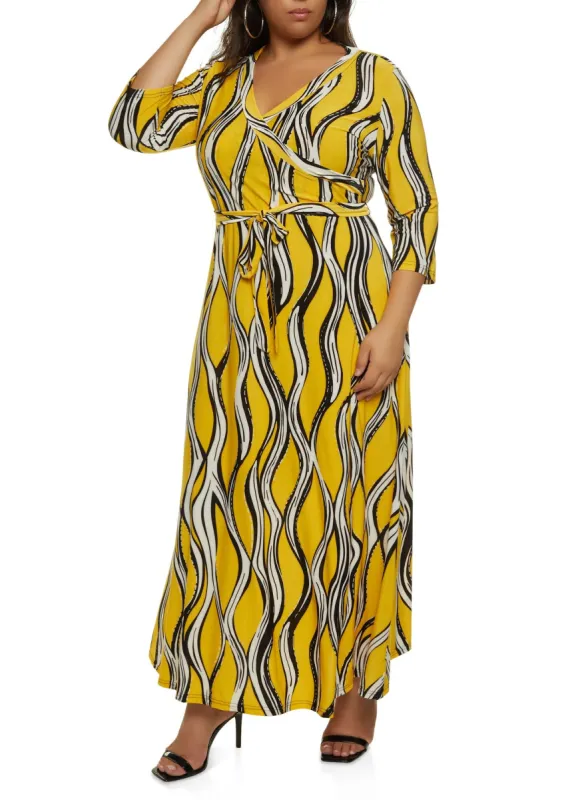 Plus Size Printed Tie Waist Belted Faux Wrap Maxi Dress sold by Rainbow