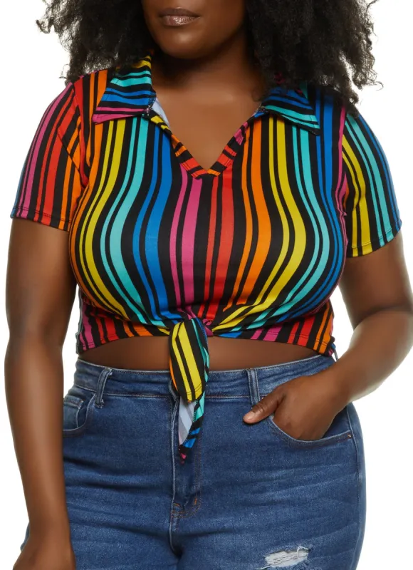 Plus Size Rainbow Striped Tie Front Crop Top sold by Rainbow