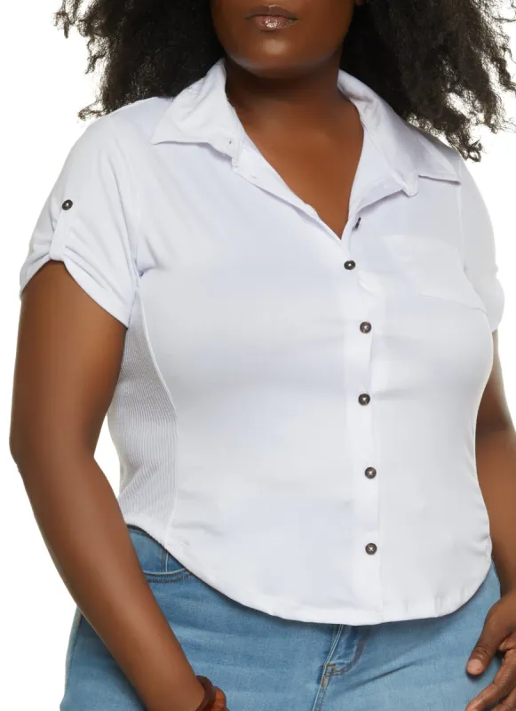 Plus Size Short Tabbed Sleeve Button Front Shirt sold by Rainbow