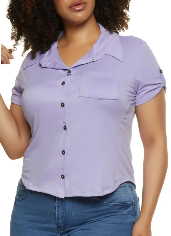 Plus Size Short Tabbed Sleeve Button Front Shirt sold by Rainbow