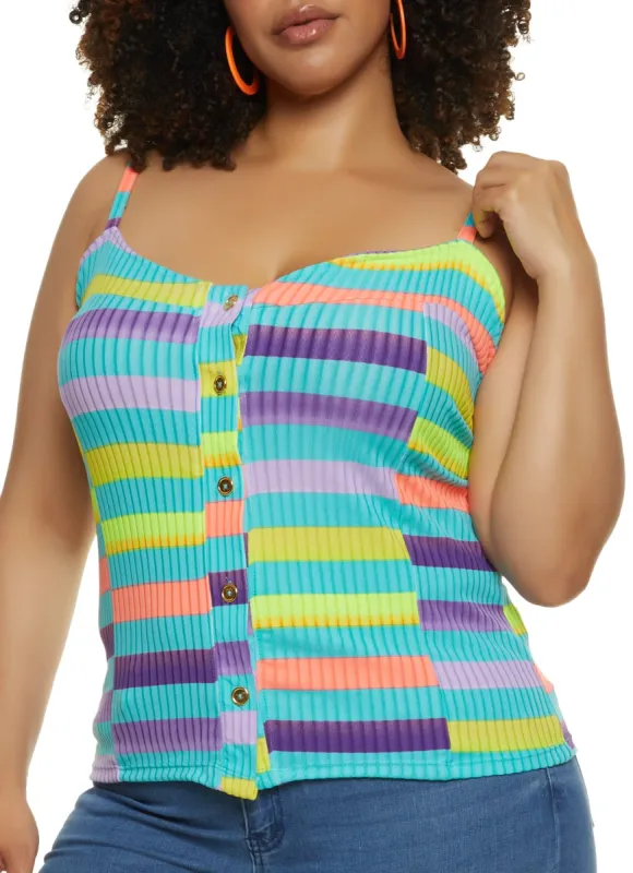 Plus Size Rib Knit Striped Button Front Cami sold by Rainbow