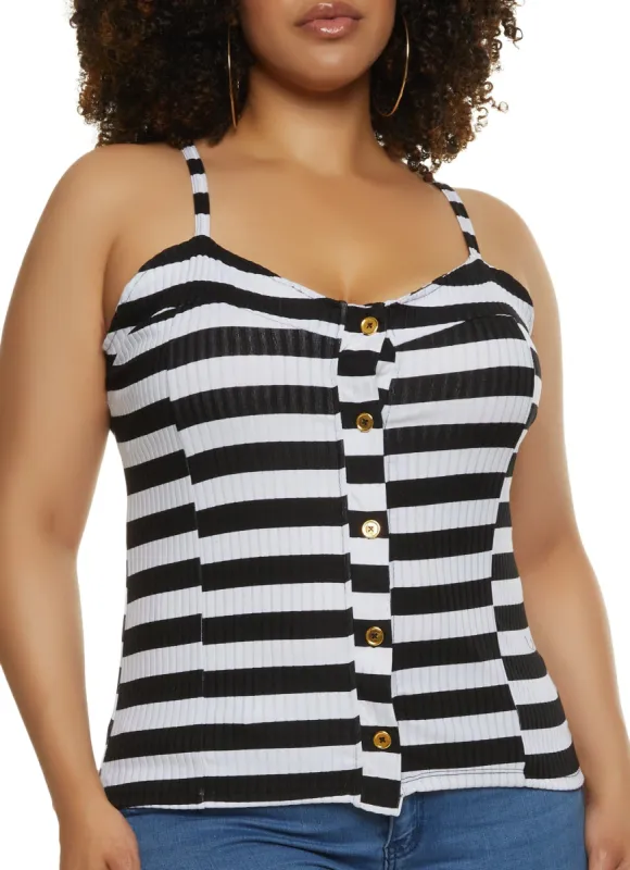 Plus Size Rib Knit Striped Button Front Cami sold by Rainbow