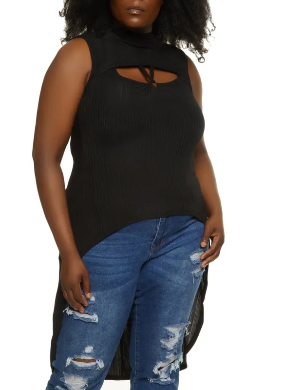 Plus Size Mock Neck Ribbed Cut Out High Low Top sold by Rainbow