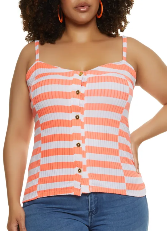 Plus Size Rib Knit Striped Button Front Cami sold by Rainbow