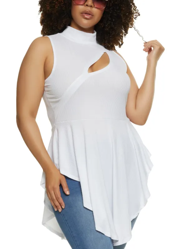 Plus Size Mock Neck Cut Out Hanky Hem Top sold by Rainbow