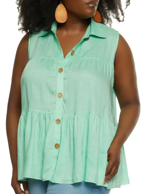 Plus Size Linen Tiered Button Front Shirt sold by Rainbow