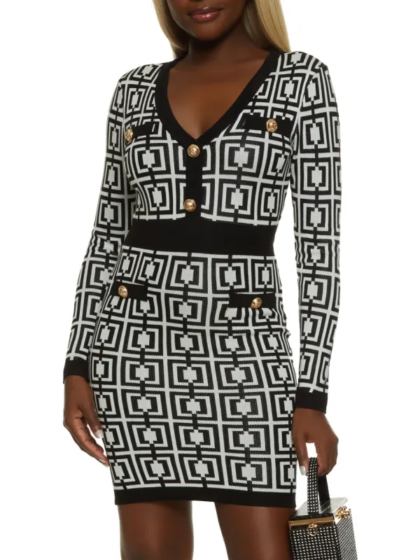 Geometric Print Faux Button Midi Dress sold by Rainbow