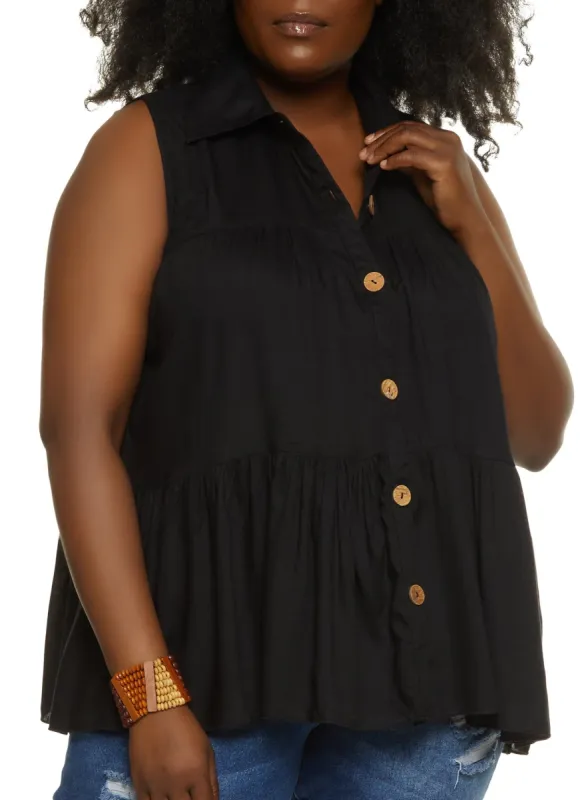 Plus Size Linen Tiered Button Front Shirt sold by Rainbow