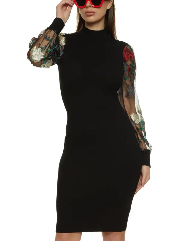 Embroidered Sleeve Mock Neck Midi Dress sold by Rainbow