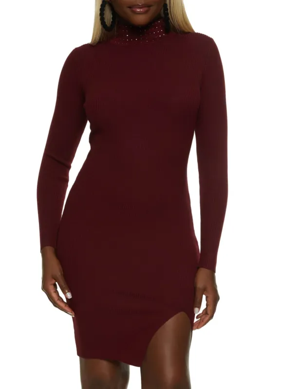 Rhinestone Studded Mock Neck Sweater Dress sold by Rainbow