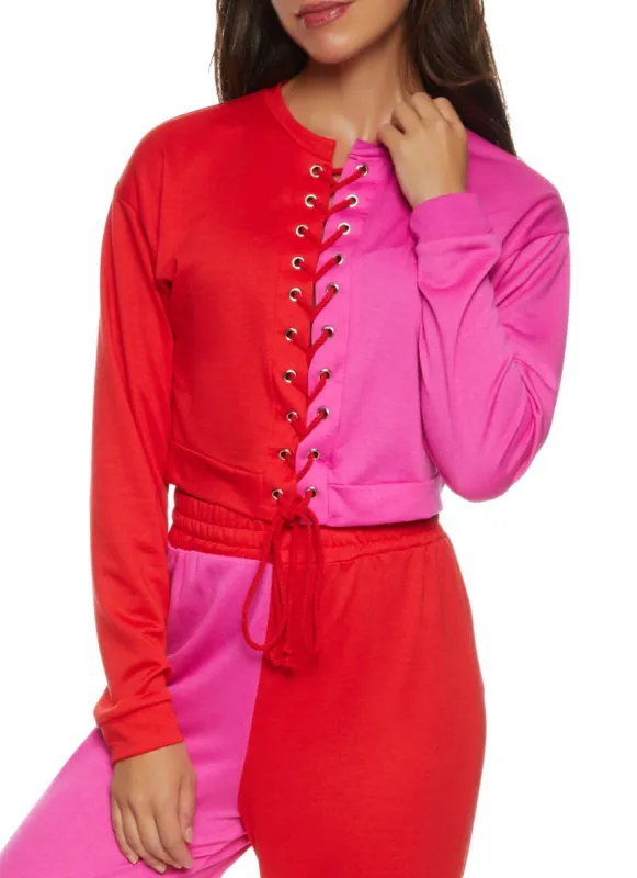 Color Block Lace Up Sweatshirt sold by Rainbow