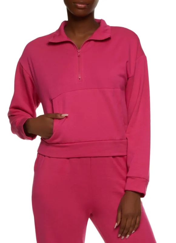 Solid Zip Neck Pullover Sweatshirt sold by Rainbow