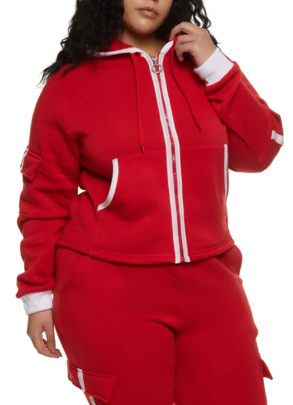 Plus Size Contrast Trim Cargo Pocket Sleeve Zip Front Hoodie sold by Rainbow