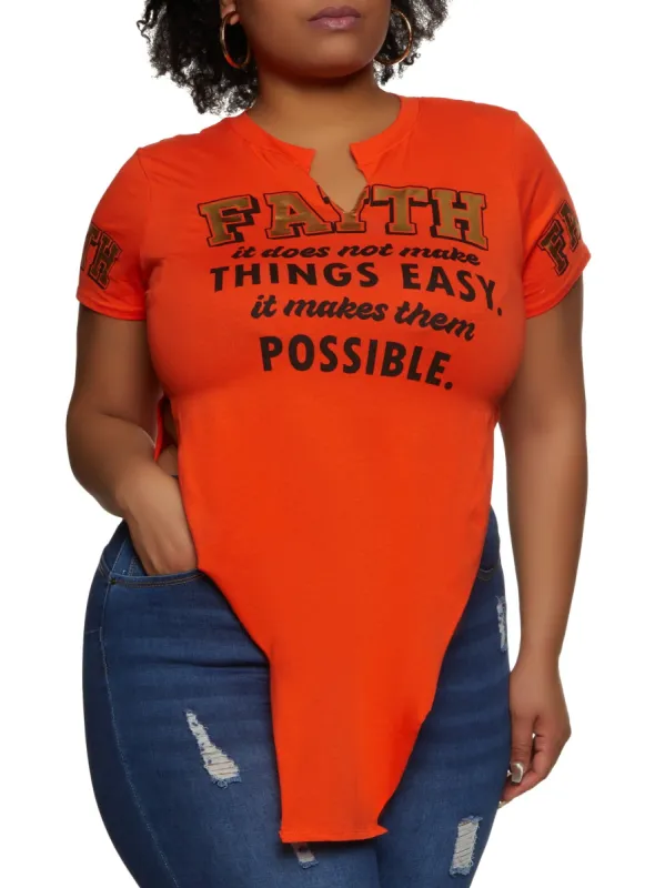 Plus Size Faith Foil Screen Hanky Hem Graphic Tee sold by Rainbow