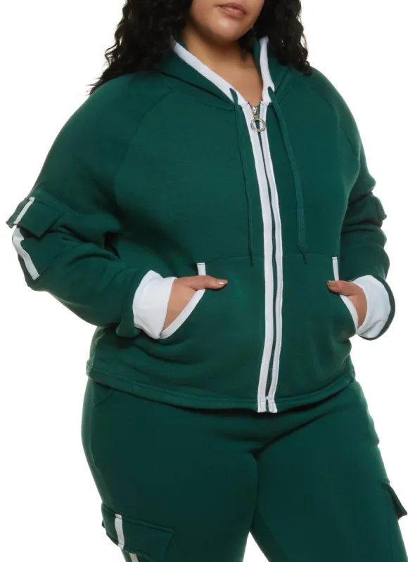 Plus Size Contrast Trim Cargo Pocket Sleeve Zip Front Hoodie sold by Rainbow