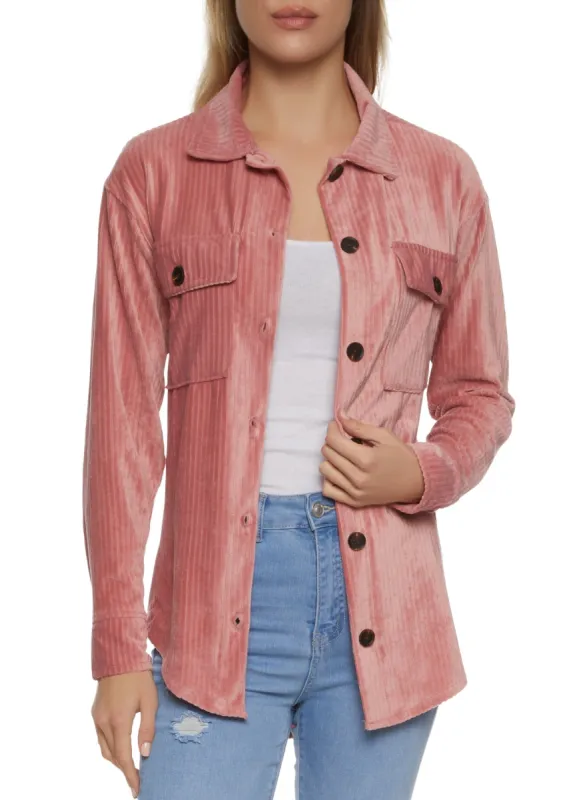 Ribbed Knit Velour Button Front Shirt sold by Rainbow