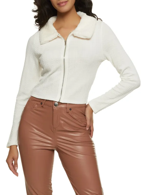 Fur Collar Zip Front Textured Knit Sweater sold by Rainbow